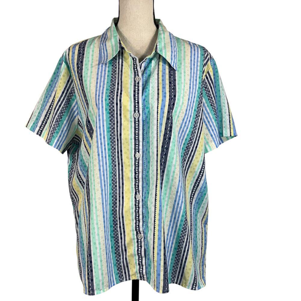 Alfred Dunner X-Large Top Button-Up Short Sleeve Collared Striped Lightweight
